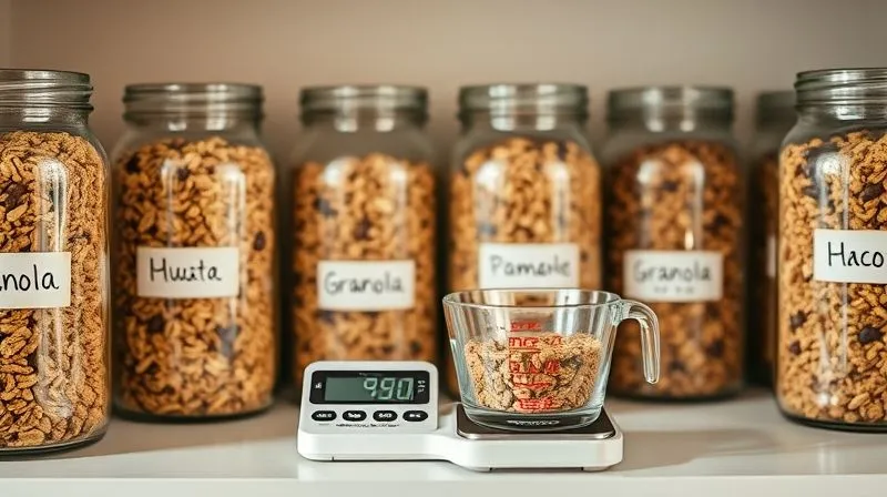 A neatly organized pantry shelf with clear glass jars filled with homemade granola, each jar labeled with a date, bathed in natural light, evoking a sense of order, health, and mindful eating. In front of one jar, a small digital kitchen scale is weighing a precise portion of granola in a measuring cup. professional photography, 8K, cinematic lighting, sharp focus on the jars and scale, depth of field, shot on a high-end DSLR.