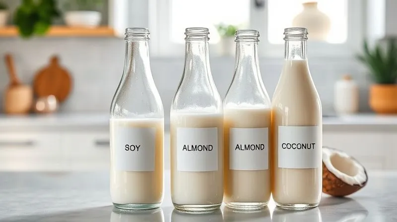A professional, photorealistic image of three different types of plant-based milk (soy, almond, coconut) in clear glass bottles, labeled, on a clean, minimalist kitchen counter with natural light. 8K, cinematic lighting, sharp focus, depth of field, shot on a high-end DSLR.
