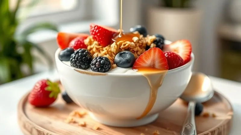 A professional, photorealistic image of a beautifully styled breakfast bowl with homemade vegan yogurt, topped with fresh berries, granola, and a drizzle of maple syrup. The setting is bright and inviting, showcasing a healthy and delicious meal. 8K, cinematic lighting, sharp focus, depth of field, shot on a high-end DSLR.