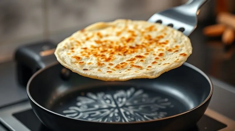 Photorealistic image of a thin, golden-brown rice pancake being skillfully flipped in the air with a spatula over a hot non-stick pan. The pancake is mid-air, perfectly shaped, with a slight blur of motion. Cinematic lighting, sharp focus on the pancake, depth of field blurring the kitchen background. 8K, professional photography, shot on a high-end DSLR.