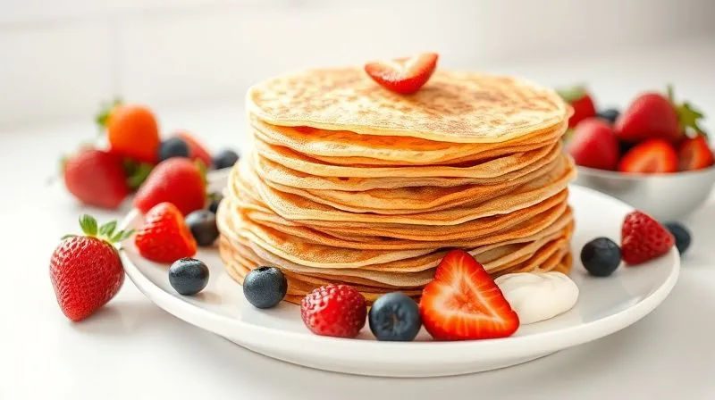 Photorealistic image of a stack of freshly made, thin, golden-brown flexible rice pancakes on a white ceramic plate, artfully arranged with a side of vibrant mixed berries (strawberries, blueberries, raspberries) and a small bowl of light Greek yogurt. The scene is bright and airy, with soft, diffused natural light enhancing the textures. Sharp focus on the food, depth of field blurring a clean, minimalist kitchen counter. 8K, professional photography, shot on a high-end DSLR.