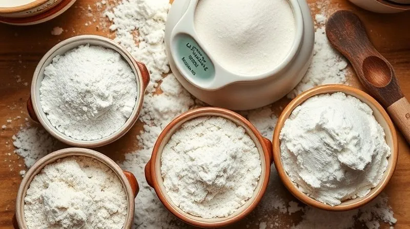 A close-up, top-down photorealistic shot of various gluten-free flours and starches (rice flour, tapioca starch, xanthan gum) meticulously arranged in small ceramic bowls, with a measuring spoon and a small pile of freshly mixed dough in the background, all bathed in soft, natural kitchen light. Professional photography, 8K, sharp focus, depth of field, shot on a high-end DSLR.