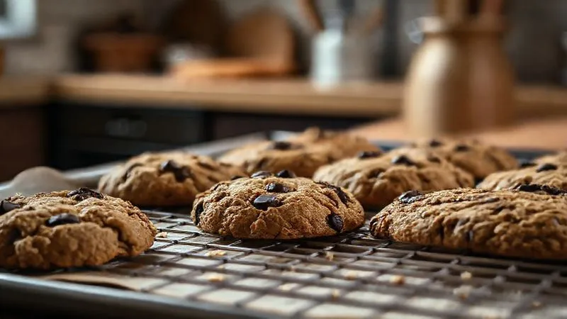 Photorealistic image of golden-brown fit oatmeal cookies with visible chocolate chips, freshly baked on a baking sheet lined with parchment paper, cooling on a wire rack. Soft, warm lighting, sharp focus on the cookies, with a blurred background of a cozy kitchen. Shot on a high-end DSLR, 8K, depth of field.
