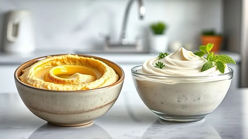 A side-by-side comparison, photorealistic, professional photography, 8K, cinematic lighting, sharp focus, depth of field. One bowl of traditional hummus, rich and oily, next to a lighter, brighter bowl of fit hummus with fresh herbs. Both on a clean, modern kitchen counter, emphasizing the contrast in healthiness.
