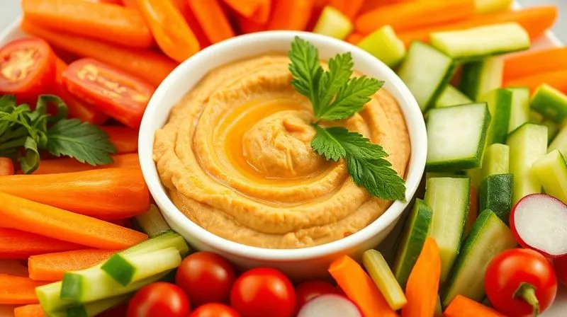 A vibrant, colorful assortment of fresh, raw vegetables, perfectly chopped and arranged around a small bowl of fit hummus, ready for dipping. Include carrots, cucumber sticks, bell pepper strips, cherry tomatoes, and radish. Photorealistic, professional photography, 8K, cinematic lighting, sharp focus, depth of field, shot on a high-end DSLR.