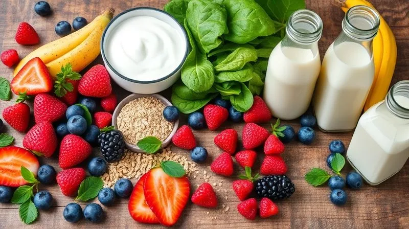 photorealistic, professional photography, 8K, cinematic lighting, sharp focus, depth of field, shot on a high-end DSLR. A vibrant flat lay of diverse healthy smoothie ingredients: Greek yogurt, various fresh berries, spinach, chia seeds, a scoop of protein powder, and different types of unsweetened plant-based milks in small glass bottles, arranged aesthetically on a rustic wooden table, emphasizing freshness and choice.