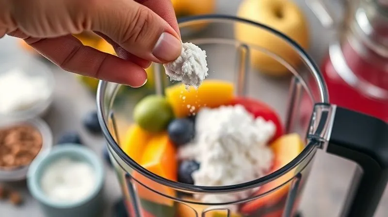 photorealistic, professional photography, 8K, cinematic lighting, sharp focus, depth of field, shot on a high-end DSLR. A close-up of a hand adding a pinch of white powder (xanthan gum) to a blender filled with colorful smoothie ingredients. The background is slightly blurred, showing other natural sweeteners like stevia and erythritol in small containers, emphasizing precise and mindful ingredient addition.