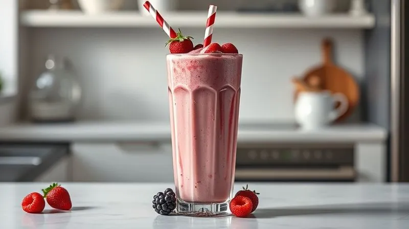 photorealistic, professional photography, 8K, cinematic lighting, sharp focus, depth of field, shot on a high-end DSLR. A tall, clear glass filled with a thick, vibrant berry protein milkshake, garnished with fresh berries and a straw, sitting on a clean, minimalist kitchen counter. The light emphasizes the creamy texture and inviting colors, suggesting a delicious and satisfying healthy meal.