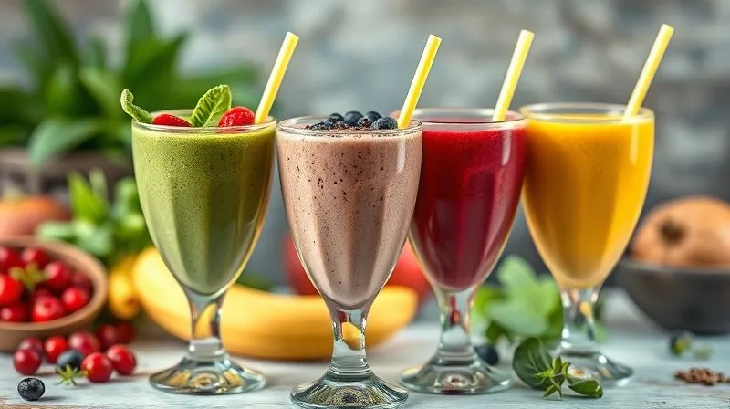 photorealistic, professional photography, 8K, cinematic lighting, sharp focus, depth of field, shot on a high-end DSLR. A collection of three distinct, colorful healthy milkshakes in elegant glasses, each with unique garnishes and ingredients visible: one green (spinach, banana), one red (berries, chia), and one yellow (mango, turmeric). The background features blurred, fresh ingredients matching each shake, creating a vibrant and inviting display of variety and health.