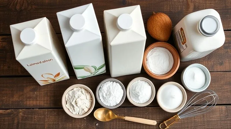 Photorealistic, professional photography, 8K, cinematic lighting, sharp focus, depth of field, shot on a high-end DSLR. A close-up, top-down view of various plant-based milk cartons (almond, oat, soy, coconut) neatly arranged on a rustic wooden table, alongside small bowls containing white powders: cornstarch, tapioca flour, and erythritol. The ingredients are beautifully lit, highlighting their textures and natural colors, with a soft, inviting atmosphere. A whisk and a measuring spoon are subtly placed nearby, suggesting preparation. The background is softly blurred.