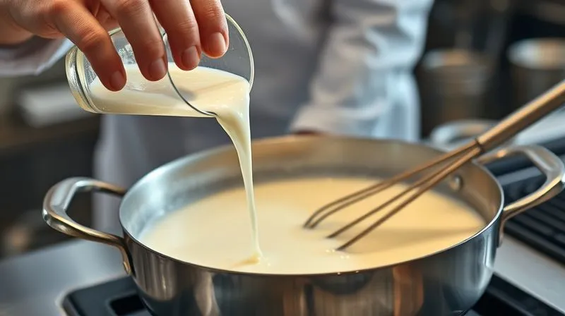 Photorealistic, professional photography, 8K, cinematic lighting, sharp focus, depth of field, shot on a high-end DSLR. A close-up shot of a chef's hands carefully pouring a clear, white liquid (cornstarch slurry) into a saucepan of simmering plant-based milk, which is being vigorously whisked. The scene is set in a modern, clean kitchen, with steam gently rising from the pan. The focus is on the action of mixing, highlighting the smooth texture of the thickening liquid. The background is softly blurred, showing other kitchen utensils. The lighting emphasizes the movement and precision.