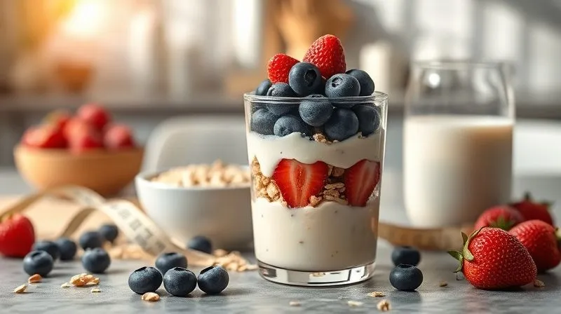 Photorealistic, professional photography, 8K, cinematic lighting, sharp focus, depth of field, shot on a high-end DSLR. A vibrant, artfully arranged flat lay of a healthy, plant-based dessert. A small glass jar filled with layers of thick, creamy vegan pudding, fresh berries (blueberries, raspberries, sliced strawberries), and granola. Beside it, a measuring tape subtly curves around a small bowl of oats and a glass of almond milk, symbolizing health and weight management. The background features a blurred, sunlit kitchen counter with natural light casting soft shadows. The overall aesthetic is clean, inviting, and emphasizes wellness.