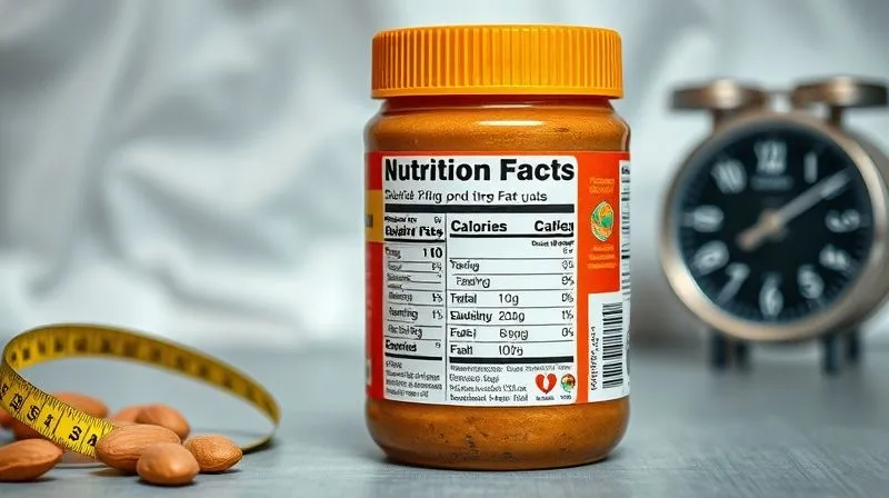 Photorealistic image of a nutritional label for a commercial peanut butter, highlighting high calories, sugar, and unhealthy fats, against a blurred background of a measuring tape and a scale, professional photography, 8K, cinematic lighting, sharp focus, depth of field, shot on a high-end DSLR.