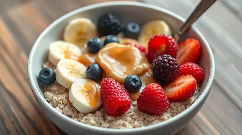 Photorealistic, professional photography, 8K, cinematic lighting, sharp focus, depth of field, shot on a high-end DSLR. A vibrant, healthy breakfast bowl with oatmeal, fresh berries, sliced banana, and a generous drizzle of homemade fit nut butter, photographed from an inviting overhead angle, highlighting texture and freshness.