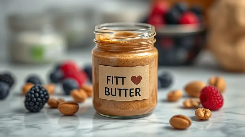 Photorealistic, professional photography, 8K, cinematic lighting, sharp focus, depth of field, shot on a high-end DSLR. A close-up shot of a small, elegant glass jar filled with homemade fit nut butter, labelled with a minimalist, clean design. The jar is placed on a marble countertop, surrounded by blurred fresh ingredients like nuts and berries, suggesting healthy homemade goodness and careful preparation.