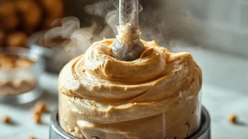 A photorealistic, professional photography shot of a powerful food processor blending nuts into a creamy, smooth paste, steam subtly rising, capturing the motion and transformation. Cinematic lighting highlights the texture, sharp focus on the blending process. 8K, depth of field, shot on a high-end DSLR.