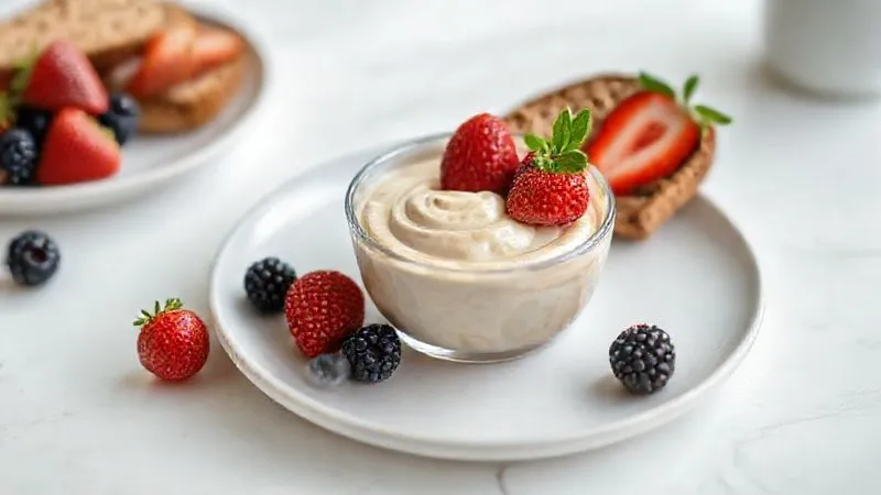 A photorealistic, professional photography shot of a small, perfectly portioned bowl of fit nut butter mousse, accompanied by fresh berries and a slice of whole-grain toast, beautifully arranged on a minimalist white table. Soft, natural light, sharp focus, depth of field. 8K, cinematic lighting, shot on a high-end DSLR.