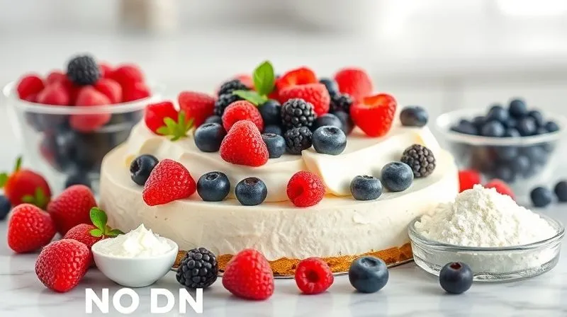 A visually appealing arrangement of various healthy ingredients for a no-bake cheesecake: creamy quark, fresh berries, agar-agar powder, and natural sweetener, all in a bright, clean kitchen setting. Photorealistic, professional photography, 8K, cinematic lighting, sharp focus, depth of field, shot on a high-end DSLR.