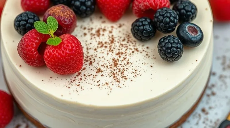 A close-up, top-down shot of a beautifully presented, healthy no-bake cheesecake, garnished with a vibrant mix of fresh berries and a dusting of cocoa powder. The texture is visibly smooth and firm. Photorealistic, professional photography, 8K, cinematic lighting, sharp focus, depth of field, shot on a high-end DSLR, inviting and delicious.