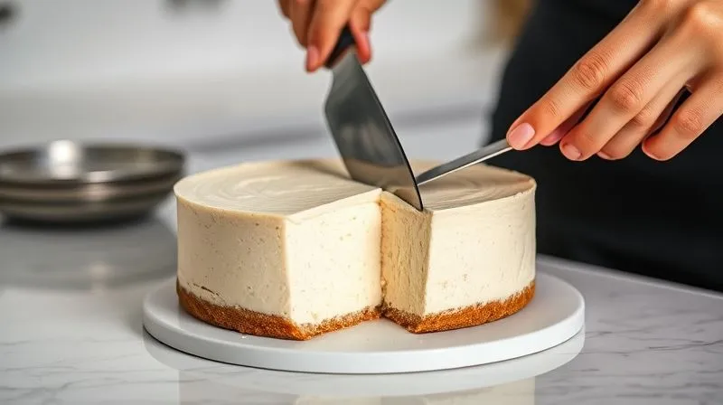 A step-by-step visual of a person gently slicing a perfectly set, healthy no-bake cheesecake. The knife cuts cleanly through the creamy texture, revealing the stable structure. The setting is a clean, modern kitchen. Photorealistic, professional photography, 8K, cinematic lighting, sharp focus, depth of field, shot on a high-end DSLR.