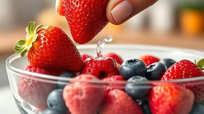Photorealistic close-up of fresh, vibrant berries (strawberries, blueberries, raspberries) being gently added to a clear glass bowl with a shimmering, clear liquid base, in a clean, brightly lit kitchen. Focus on the texture and color of the fruit. 8K, cinematic lighting, sharp focus, depth of field, professional photography, shot on a high-end DSLR.