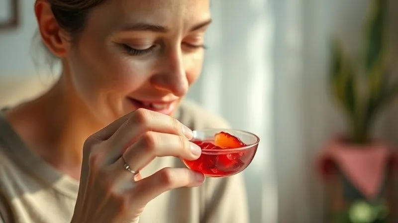 A photorealistic image of a person mindfully enjoying a small portion of fruit jelly, perhaps with a gentle smile, in a serene, naturally lit setting. The focus is on the person's calm demeanor and the enjoyment of the healthy dessert. Soft, cinematic lighting, sharp focus on the person and the dessert, depth of field, 8K hyper-detailed, professional photography, shot on a high-end DSLR.