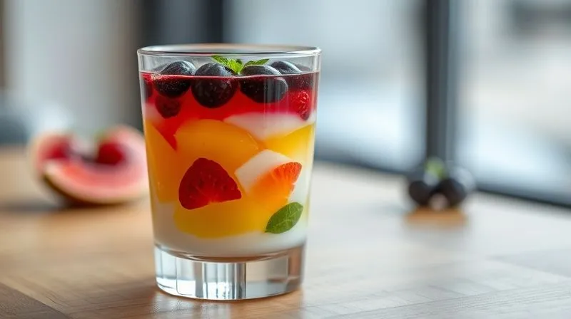 A photorealistic image of a beautifully layered fruit jelly dessert in a clear glass, showing distinct layers of different colored fruits and perhaps a creamy, light yogurt layer, presented on a minimalist wooden table. The focus is on the vibrant colors and elegant presentation, suggesting gourmet healthy eating. 8K, cinematic lighting, sharp focus, depth of field, professional photography, shot on a high-end DSLR.