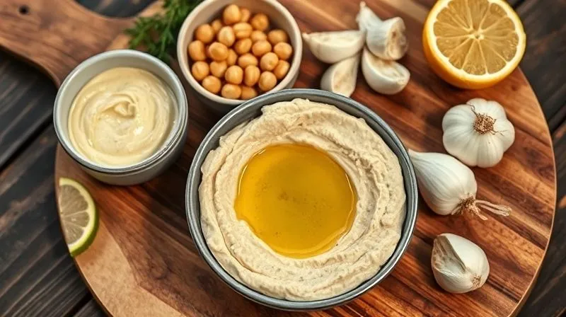 photorealistic, professional photography, 8K, cinematic lighting, sharp focus, depth of field, shot on a high-end DSLR, showing a deconstructed hummus on a wooden board with separate bowls of tahini, olive oil, chickpeas, lemon, and garlic, emphasizing the high-calorie components versus the healthy base, with a balanced, natural light.