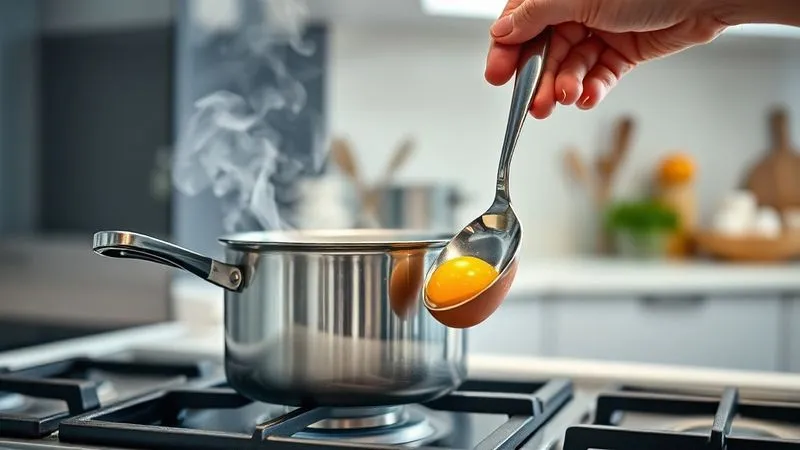 Photorealistic, professional photography, 8K, cinematic lighting, sharp focus, depth of field, shot on a high-end DSLR. A kitchen scene with a stainless steel pot on a stove, steam gently rising, and a hand carefully lowering an egg into boiling water with a slotted spoon. The background is a clean, modern kitchen blurred to emphasize the action.
