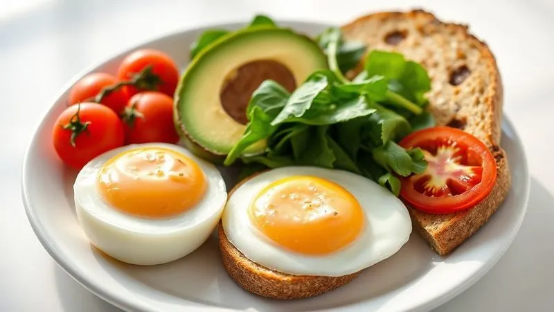 Photorealistic, professional photography, 8K, cinematic lighting, sharp focus, depth of field, shot on a high-end DSLR. A beautifully arranged healthy breakfast plate featuring two soft-boiled eggs, sliced avocado, cherry tomatoes, fresh spinach, and a slice of whole-grain toast. The scene is bright, with natural light, emphasizing freshness and vibrant colors.