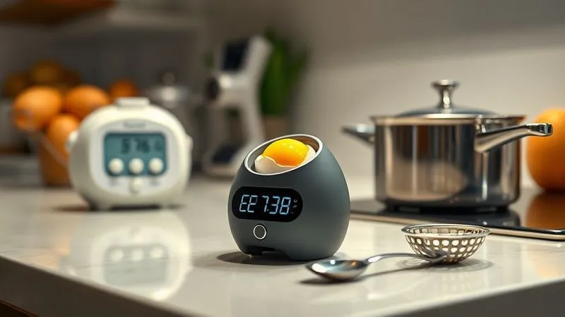 Photorealistic, professional photography, 8K, cinematic lighting, sharp focus, depth of field, shot on a high-end DSLR. A kitchen countertop with various egg-related gadgets: a sleek digital kitchen timer, a slotted spoon, a small egg piercer, and a modern stainless steel pot. The lighting is clean and functional, highlighting the utility of the tools.