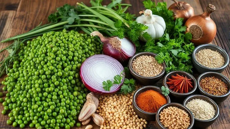photorealistic, professional photography, 8K, cinematic lighting, sharp focus, depth of field, shot on a high-end DSLR, a vibrant flat lay of fresh, raw ingredients for lentil patties: green lentils, red onion, garlic cloves, fresh parsley, ground flaxseed, chickpea flour, and an array of colorful spices in small bowls, all arranged beautifully on a rustic wooden table.