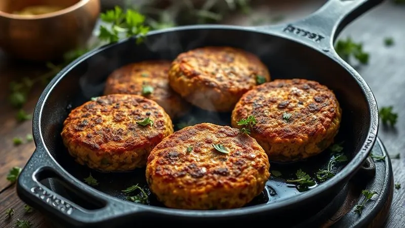 photorealistic, professional photography, 8K, cinematic lighting, sharp focus, depth of field, shot on a high-end DSLR, golden-brown vegan lentil patties sizzling gently in a cast-iron pan, with steam rising, fresh herbs scattered around the pan, creating a delicious and inviting atmosphere.
