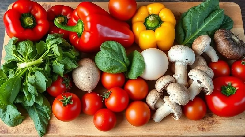 Photorealistic image of a vibrant assortment of fresh, organic vegetables on a rustic wooden cutting board, including colorful bell peppers, cherry tomatoes, spinach, and mushrooms, with a few farm-fresh eggs nestled among them. Natural light, sharp focus, depth of field, 8K, professional photography, shot on a high-end DSLR.