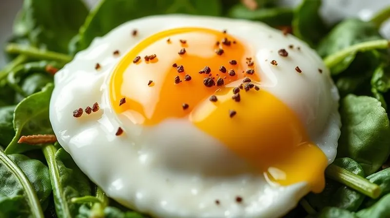 Photorealistic image of a perfectly poached egg with a bright, runny yolk, served on a bed of vibrant green spinach, garnished with fresh herbs and a sprinkle of black pepper. The egg is glistening, suggesting a light, healthy preparation. Cinematic lighting, sharp focus, depth of field, 8K, professional photography, shot on a high-end DSLR.
