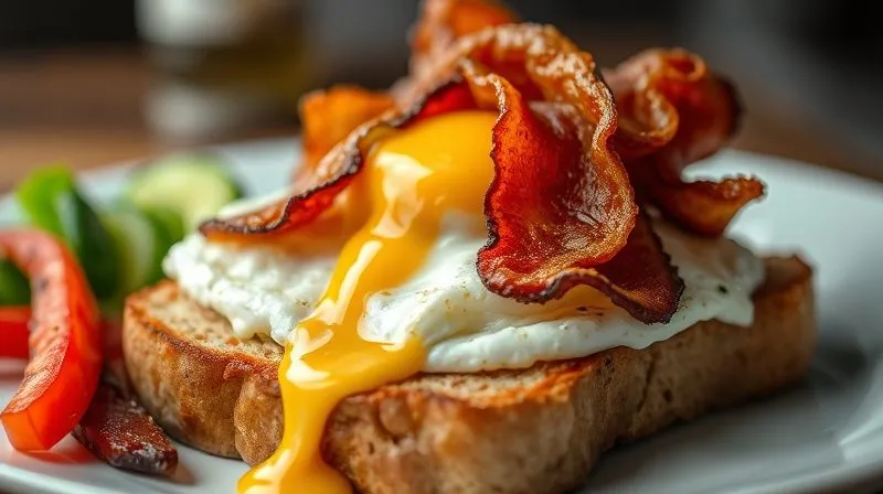Photorealistic close-up of a greasy, heavily fried egg with thick slices of bacon and melted cheese on a white bread toast, contrasted with a blurry background of a healthy plate. The image should evoke a sense of unhealthy indulgence, cinematic lighting, sharp focus on the unhealthy food, depth of field, 8K, professional photography, shot on a high-end DSLR.
