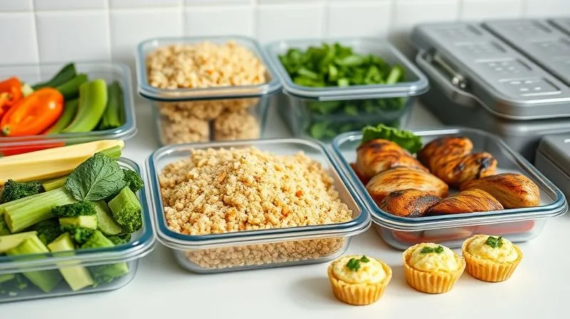 Photorealistic image of a neatly organized meal prep station with various containers filled with healthy ingredients: pre-cut vegetables, cooked quinoa, grilled chicken, and small portions of healthy egg muffins. The scene is bright, clean, and organized, suggesting efficiency and healthy living. Cinematic lighting, sharp focus, depth of field, 8K, professional photography, shot on a high-end DSLR.