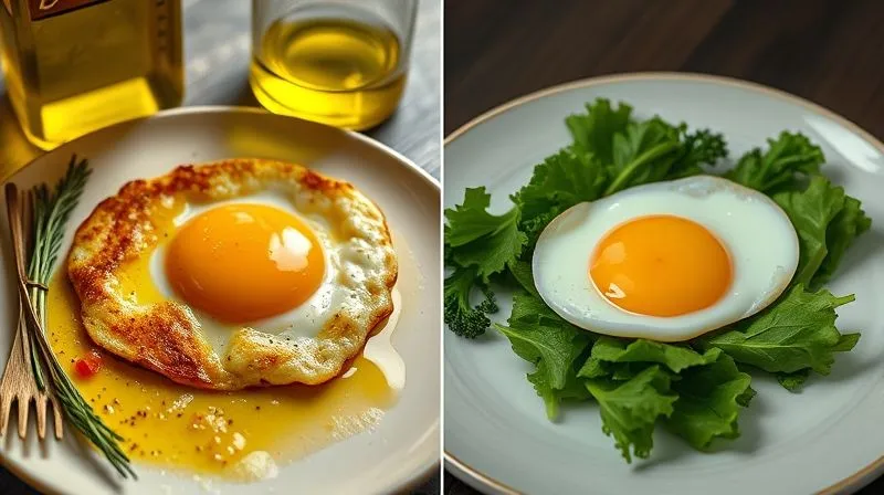 A photorealistic comparison image showing two plates: one with a greasy fried egg next to a bottle of oil, and another with a perfectly poached egg on fresh greens, both under cinematic lighting, 8K hyper-detailed.