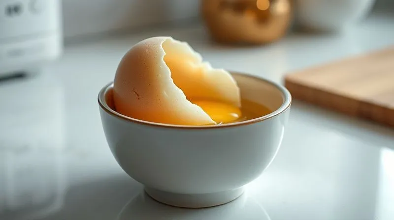 A close-up, photorealistic shot of an egg gently cracking into a small ceramic bowl filled with water, on a clean kitchen counter, ready for microwave poaching, cinematic lighting, 8K hyper-detailed.