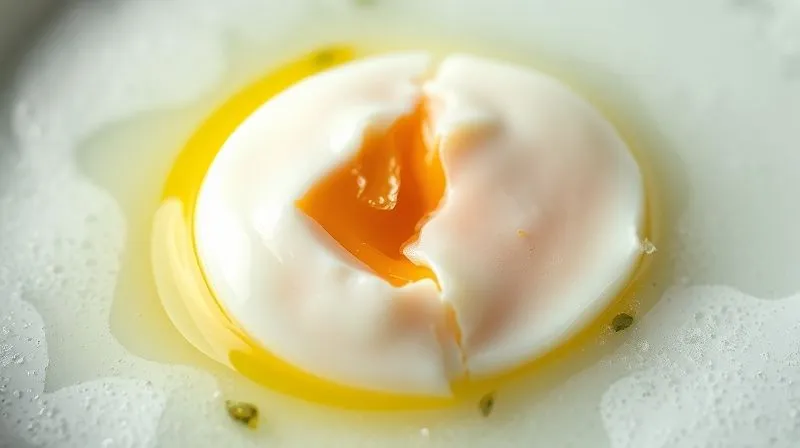 A close-up, photorealistic image of a distorted, poorly poached egg with loose whites in cloudy water, contrasting with a perfect poached egg. Cinematic lighting, 8K hyper-detailed, highlighting common mistakes.