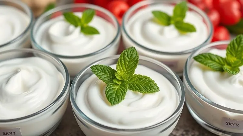 photorealistic, professional photography, 8K, cinematic lighting, sharp focus, depth of field, shot on a high-end DSLR, a vibrant display of various types of yogurt in clear glass bowls: natural Greek yogurt, skyr, and a regular plain yogurt. Each bowl has a small label indicating its type, and the textures are visibly distinct, with fresh mint leaves for garnish, creating a clean and informative visual.