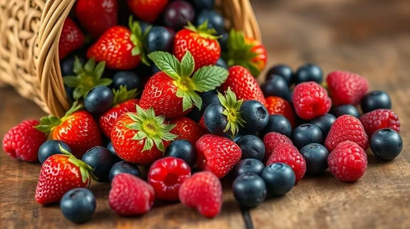 photorealistic, professional photography, 8K, cinematic lighting, sharp focus, depth of field, shot on a high-end DSLR, a vibrant, artistic arrangement of fresh berries (strawberries, blueberries, raspberries) spilling out of a small woven basket onto a rustic wooden table. The focus is sharp on the berries, highlighting their texture and color, with soft, natural light.