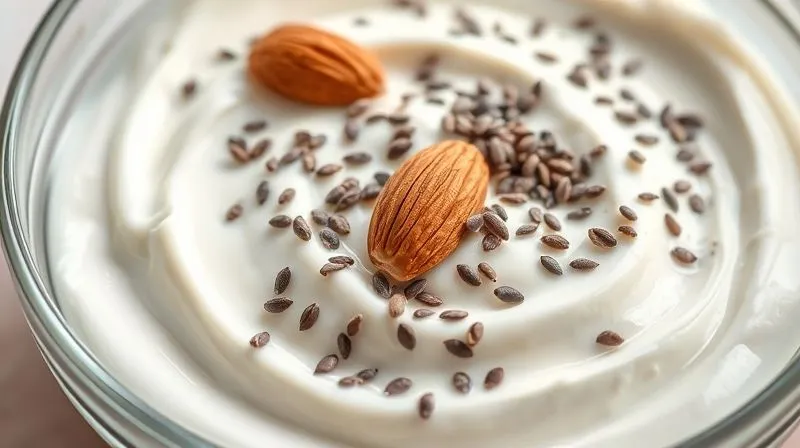 photorealistic, professional photography, 8K, cinematic lighting, sharp focus, depth of field, shot on a high-end DSLR, a close-up of a glass bowl filled with creamy Greek yogurt, topped with a generous sprinkle of chia seeds and a few whole almonds. The texture of the yogurt is smooth, and the seeds are clearly visible, glistening slightly from the moisture. The lighting highlights the fresh, wholesome ingredients.