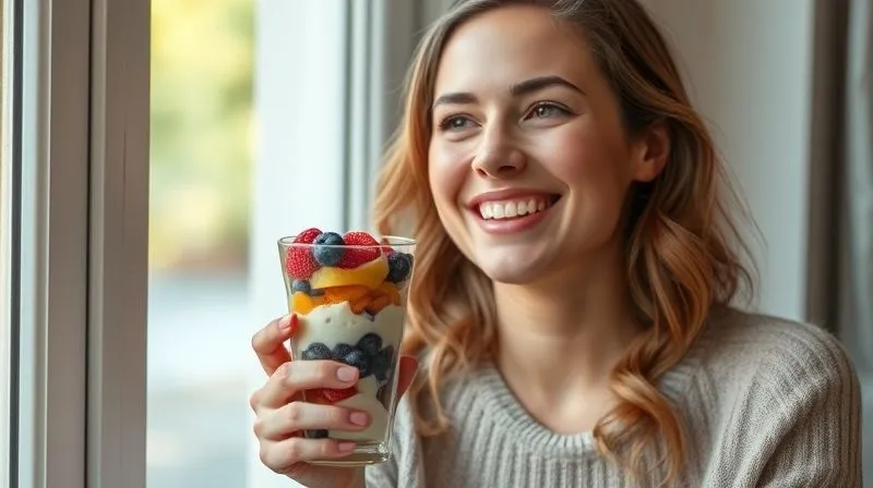 photorealistic, professional photography, 8K, cinematic lighting, sharp focus, depth of field, shot on a high-end DSLR, a happy, smiling woman in her late 20s or early 30s, holding a glass of a beautifully prepared fruit and yogurt parfait. She is enjoying the moment, perhaps sitting by a window with natural light, conveying a sense of health, satisfaction, and effortless well-being. The focus is on her face and the parfait, with a soft blur in the background.