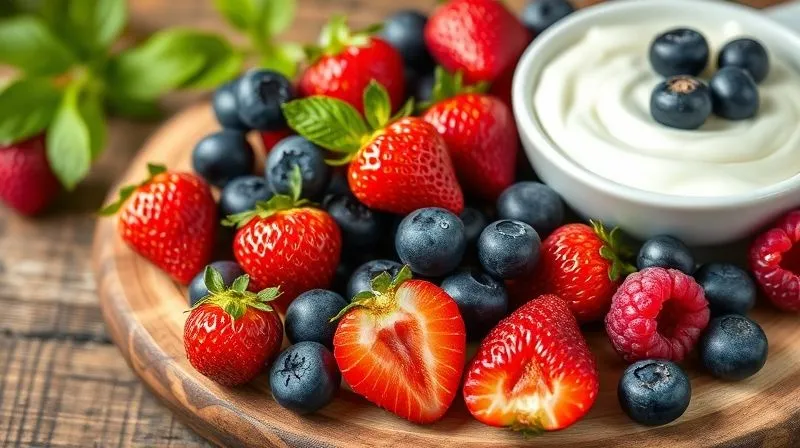 Photorealistic, professional photography of a vibrant assortment of fresh, seasonal berries (strawberries, blueberries, raspberries) artfully arranged on a rustic wooden board next to a bowl of creamy Greek yogurt. The fruits are glistening with natural moisture, and the composition evokes freshness and natural sweetness. Soft, natural cinematic lighting, sharp focus on the berries, depth of field blurring the background. 8K hyper-detailed, shot on a high-end DSLR.