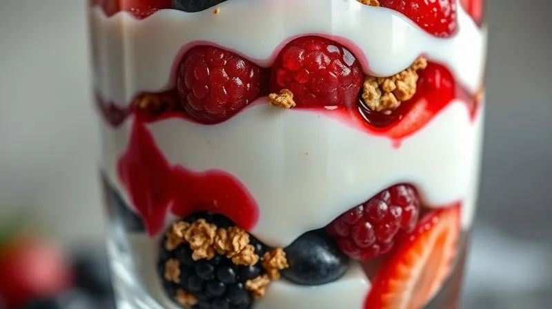 Photorealistic, professional photography of a close-up on a layered fruit yogurt parfait in a clear glass, showcasing distinct textures: creamy yogurt, vibrant fruit reduction, crunchy granola, and whole fresh berries. The light catches the different surfaces, highlighting the contrasts. Cinematic lighting, sharp focus on the textures, depth of field blurring the background. 8K hyper-detailed, shot on a high-end DSLR.