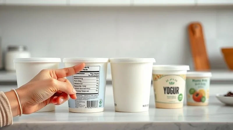 Photorealistic, professional photography, 8K, cinematic lighting, sharp focus, depth of field, shot on a high-end DSLR. A variety of plain, unsweetened yogurts (Greek and natural) in different containers on a minimalist kitchen counter. One hand is pointing to the nutritional label of a Greek yogurt, highlighting the protein content. The background is slightly blurred, emphasizing the product choices. The scene conveys clarity, health, and informed decision-making.