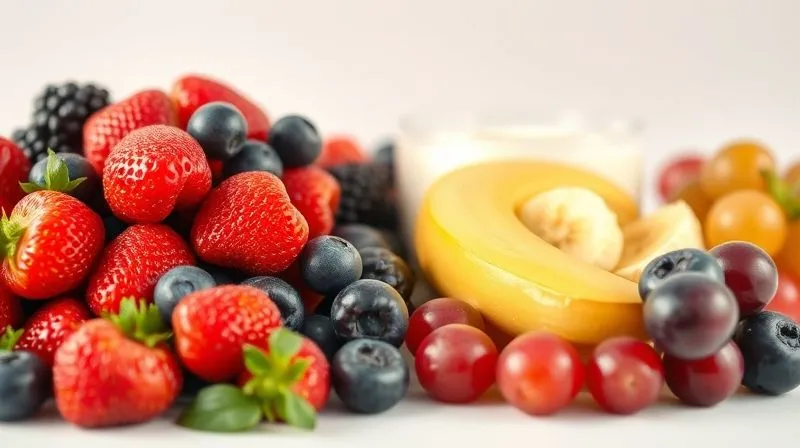 Photorealistic, professional photography, 8K, cinematic lighting, sharp focus, depth of field, shot on a high-end DSLR. A vibrant display of various fresh fruits suitable for yogurt. On one side, a generous pile of colorful berries (strawberries, blueberries, raspberries) is prominently featured. On the other side, a smaller, more contained portion of sliced banana and a few grapes. The lighting is bright and natural, emphasizing the freshness and visual distinction between the 'best' and 'moderate' choices. The scene communicates healthy selection and portion control.