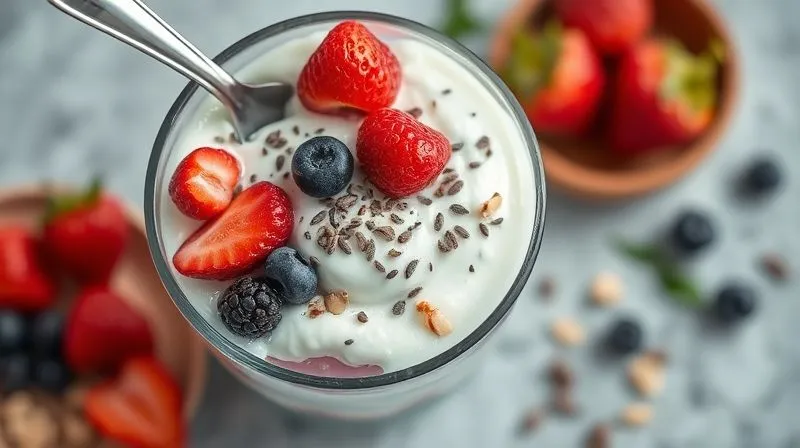 Photorealistic, professional photography, 8K, cinematic lighting, sharp focus, depth of field, shot on a high-end DSLR. A top-down view of a beautifully prepared layered yogurt parfait in a clear glass. The layers include creamy Greek yogurt, vibrant mixed berries, a sprinkle of chia seeds, and chopped nuts. A spoon is gently resting in the bowl, inviting consumption. The background is softly blurred, focusing on the fresh, healthy, and inviting appearance of the yogurt. The scene evokes ease of preparation and deliciousness.