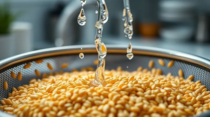 Photorealistic, professional photography, 8K, cinematic lighting, sharp focus, depth of field, shot on a high-end DSLR. Close-up of golden millet grains being rinsed under a stream of clear water in a fine-mesh sieve, with a blurred background of a modern kitchen. The image should convey cleanliness and preparation.